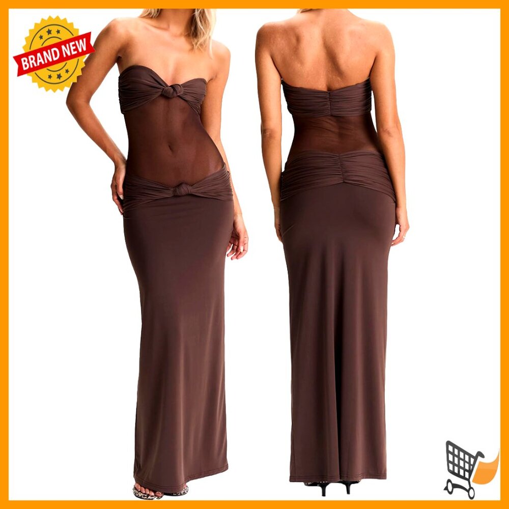 Maxi Dress Removable Straps Knotted Twist Sweetheart See Through Bodycon